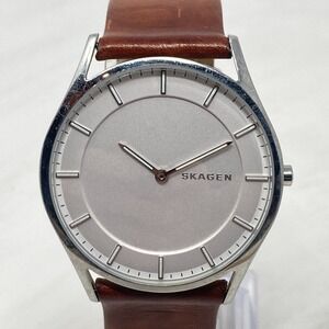 Skagen Holst Watch Men 40mm Silver Tone Slim Brown Leather WR 50M New Battery 9"